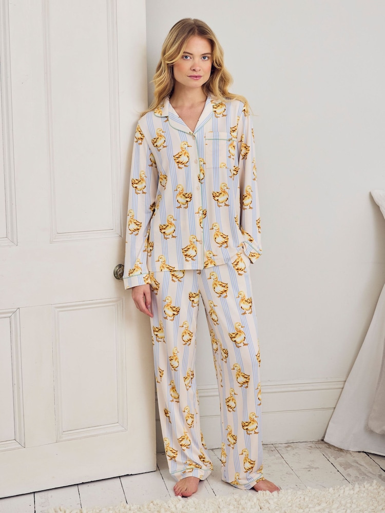 Chelsea Peers Blue Fluffy Ducklings Stripe Long Pyjamas Set - Image 1 of 5