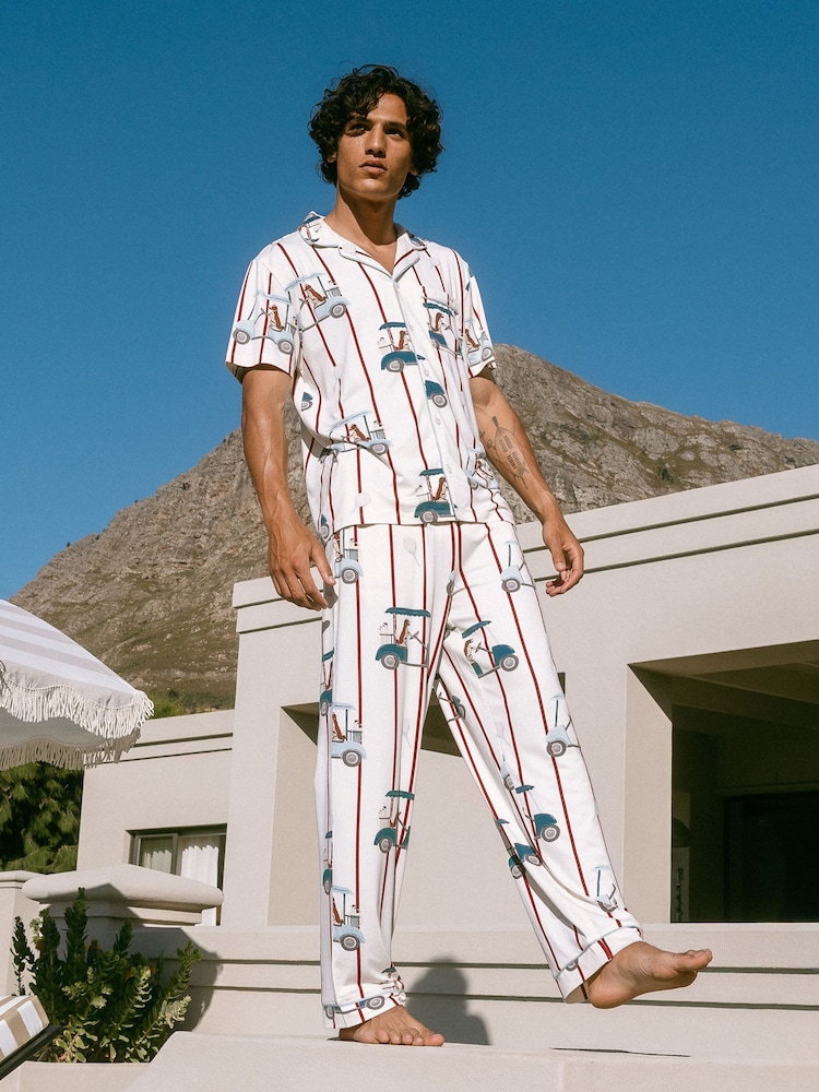 Chelsea Peers Natural Dogs Caddy Stripe Print Long Pyjamas Set - Image 1 of 7