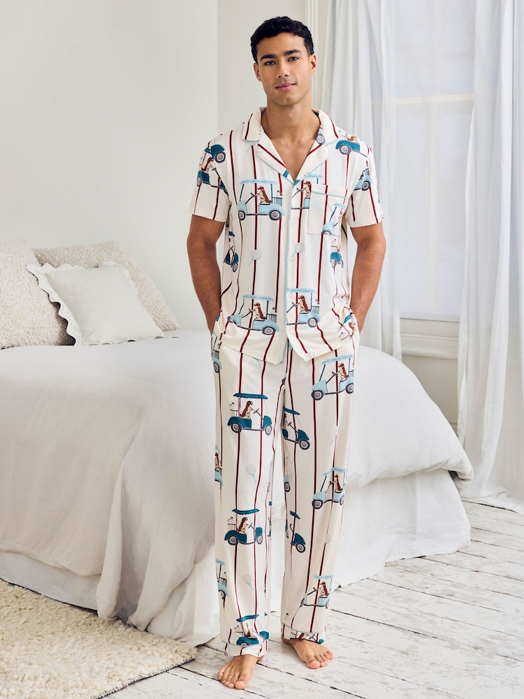 Chelsea Peers Natural Dogs Caddy Stripe Print Long Pyjamas Set - Image 2 of 7