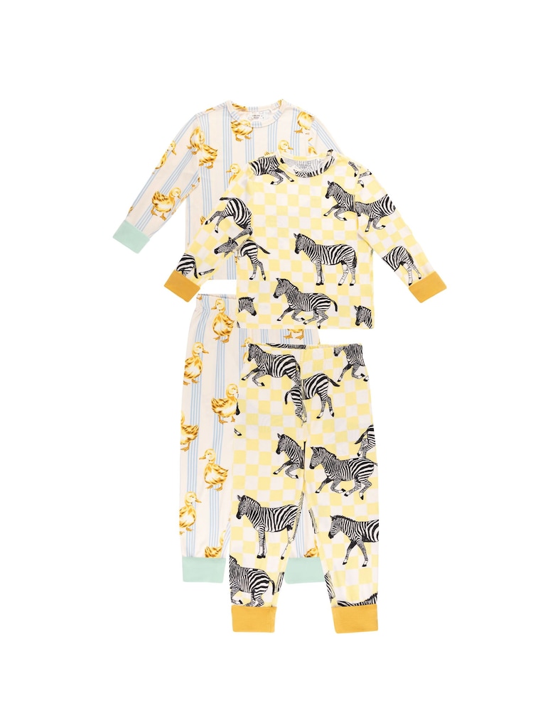 Chelsea Peers Yellow Kids Limoncello Zebra/Fluffy Ducklings Stripe Print Long Pyjamas Set  2 Pack - Image 2 of 7