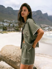 Chelsea Peers Green Linen-Blend Embroidered Short Sleeve Shirt - Image 1 of 5