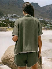 Chelsea Peers Green Linen-Blend Embroidered Short Sleeve Shirt - Image 3 of 5