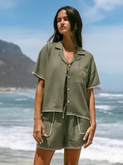 Chelsea Peers Green Linen-Blend Embroidered Short Sleeve Shirt - Image 4 of 5