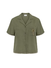 Chelsea Peers Green Linen-Blend Embroidered Short Sleeve Shirt - Image 5 of 5