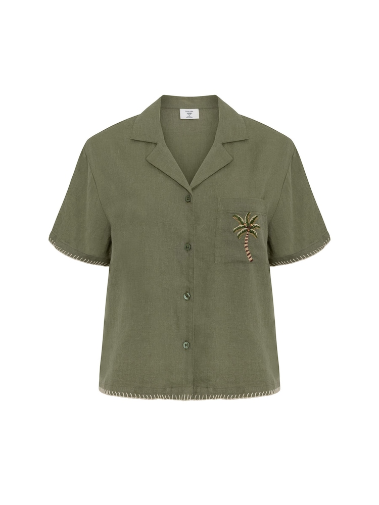Chelsea Peers Green Linen-Blend Embroidered Short Sleeve Shirt - Image 5 of 5