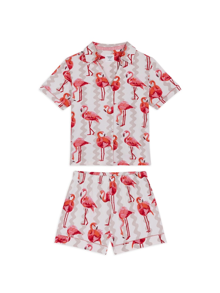 Chelsea Peers Natural Flamingo Bloom Print Short Pyjamas Set - Image 9 of 9 Chelsea Peers Natural Flamingo Bloom Print Short Pyjamas Set - Image 9 of 9