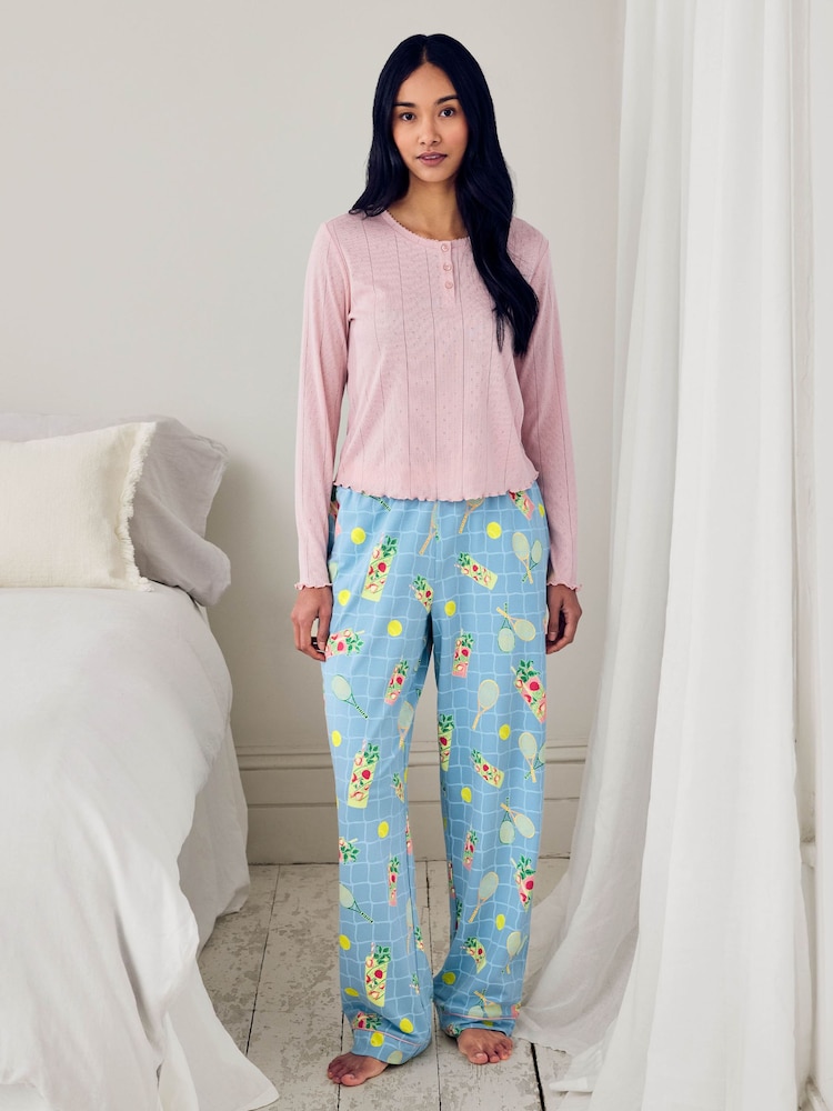 Chelsea Peers Blue Pointelle & Cotton Ace & Ice Print Long Pyjamas Set - Image 1 of 5 Chelsea Peers Blue Pointelle & Cotton Ace & Ice Print Long Pyjamas Set - Image 1 of 5