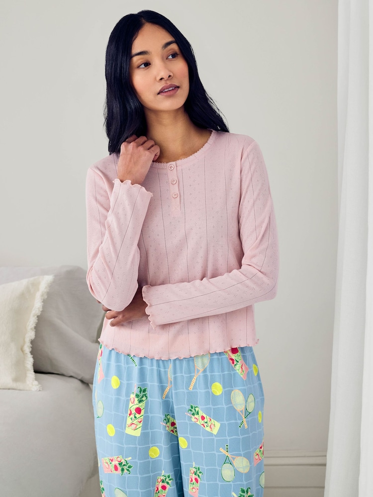 Chelsea Peers Blue Pointelle & Cotton Ace & Ice Print Long Pyjamas Set - Image 2 of 5 Chelsea Peers Blue Pointelle & Cotton Ace & Ice Print Long Pyjamas Set - Image 2 of 5