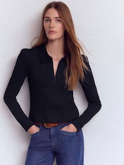 Boden Blue Zip Collar Supersoft Top - Image 1 of 5