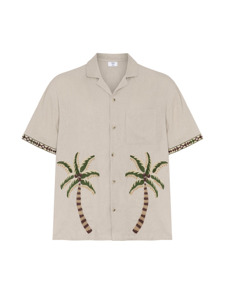 Chelsea Peers Natural Linen-Blend Embroidered Palm Short Sleeve Shirt - Image 6 of 6