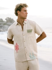 Chelsea Peers Natural Linen-Blend Dune Echo Print Short Sleeve Shirt - Image 1 of 6