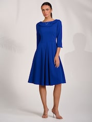 Jolie Moi Blue 3/4 Sleeve Fold Neck Midi Dress - Image 1 of 6