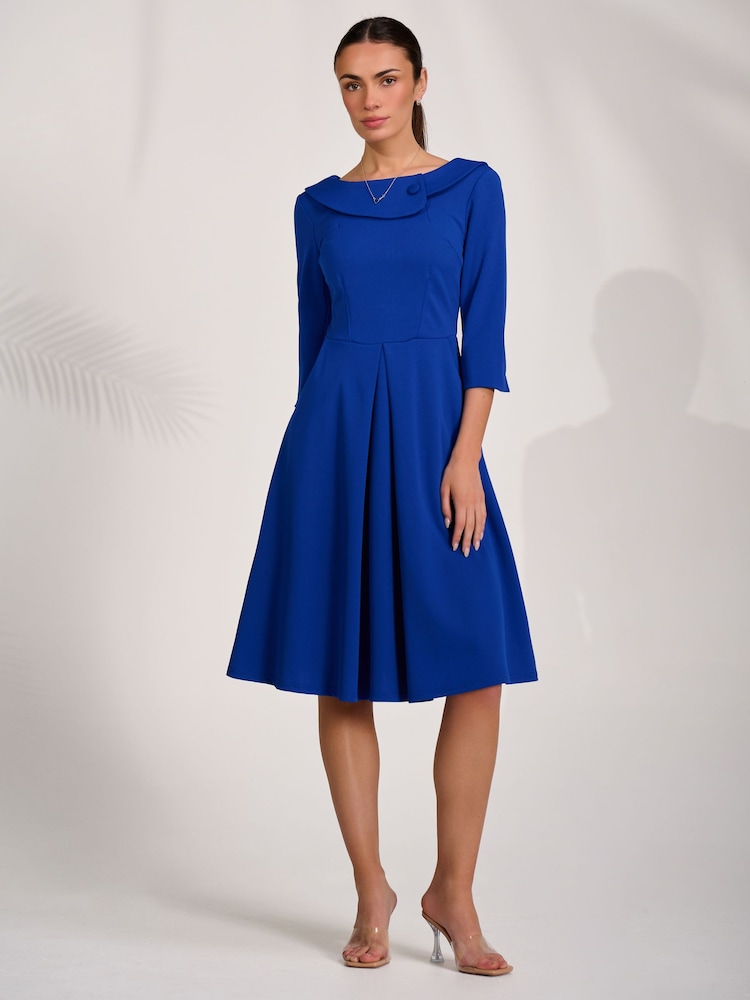 Jolie Moi Blue 3/4 Sleeve Fold Neck Midi Dress - Image 1 of 6