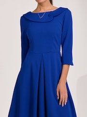Jolie Moi Blue 3/4 Sleeve Fold Neck Midi Dress - Image 3 of 6
