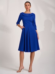 Jolie Moi Blue 3/4 Sleeve Fold Neck Midi Dress - Image 5 of 6