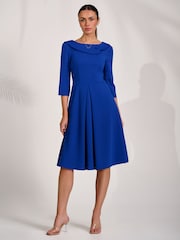 Jolie Moi Blue 3/4 Sleeve Fold Neck Midi Dress - Image 6 of 6