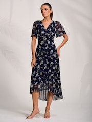 Jolie Moi Blue Pleated Chiffon Maxi Dress - Image 1 of 6