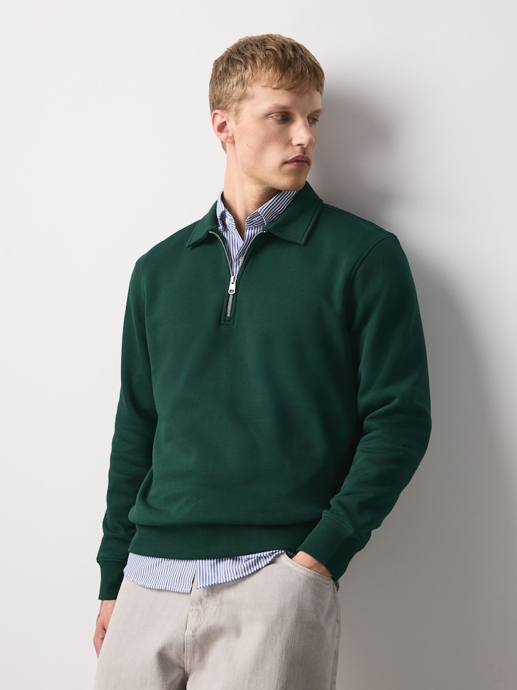 Σκούρο πράσινο - Cotton Rich Jersey Zip Neck Polo Sweatshirt - Εικόνα 1 από 8 Σκούρο πράσινο - Cotton Rich Jersey Zip Neck Polo Sweatshirt - Εικόνα 1 από 8