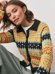 Yellow Fairisle Button Up Collared Cosy Knit Cardigan - Image 1 of 7