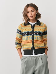 Yellow Fairisle Button Up Collared Cosy Knit Cardigan - Image 4 of 7