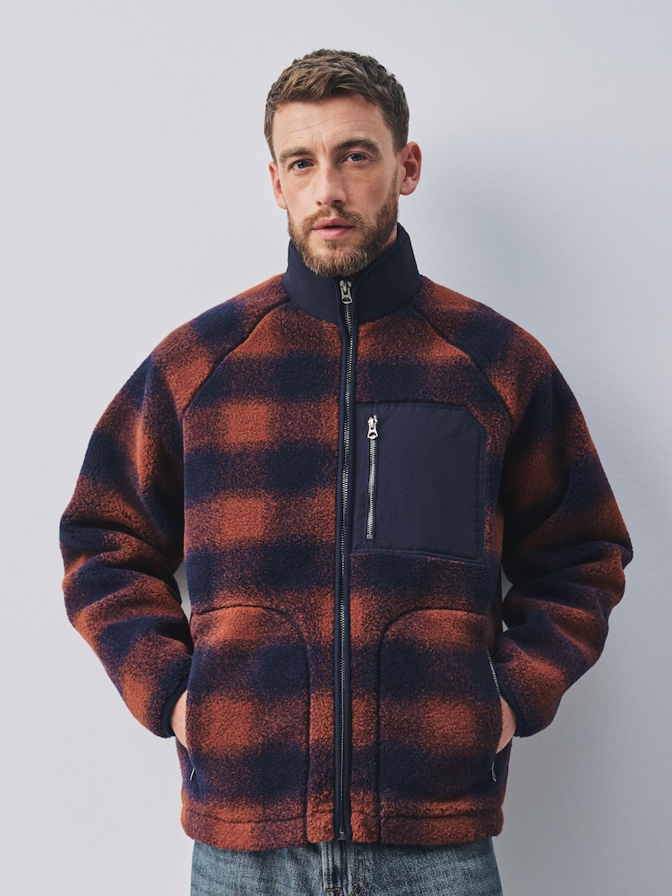 Tan Brown/Navy Blue Check Fleece Zip Up Jacket - Image 1 of 7