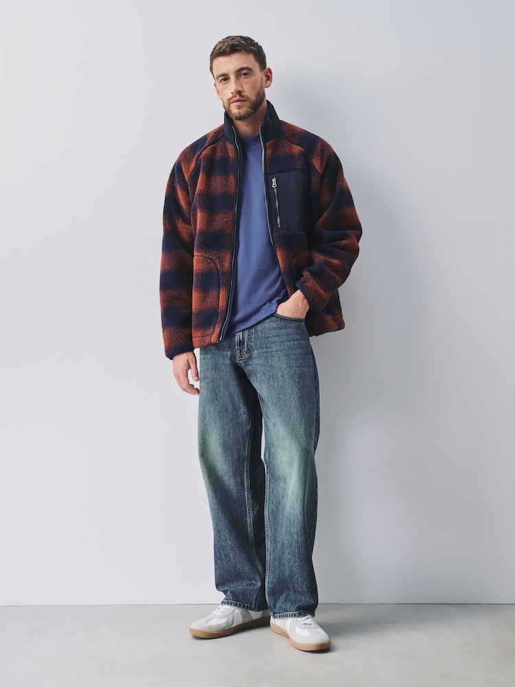 Tan Brown/Navy Blue Check Fleece Zip Up Jacket - Image 2 of 7