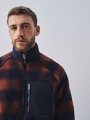 Tan Brown/Navy Blue Check Fleece Zip Up Jacket - Image 4 of 7
