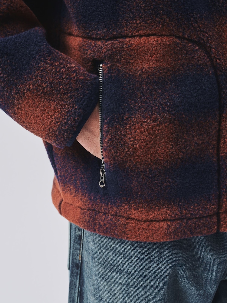 Tan Brown/Navy Blue Check Fleece Zip Up Jacket - Image 7 of 7