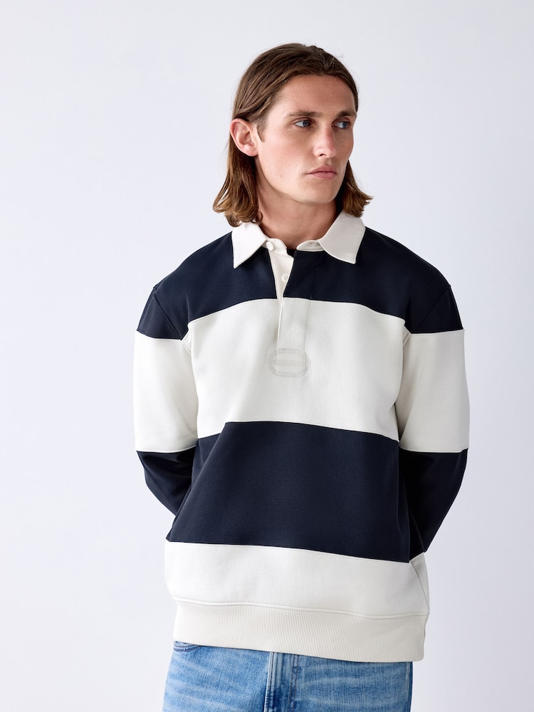Navy/Blue/ Ecru Stripe Rugby Polo Sweatshirt - Image 1 of 8 Navy/Blue/ Ecru Stripe Rugby Polo Sweatshirt - Image 1 of 8