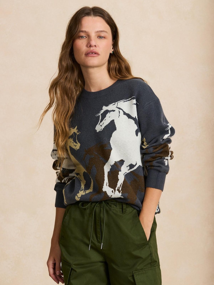 Blue Crew Neck Horse Graphic Knit Look Jumper - Image 1 of 8