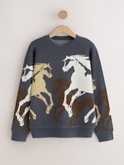 Blue Crew Neck Horse Graphic Knit Look Jumper - Image 6 of 8