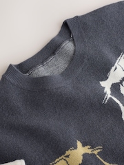 Blue Crew Neck Horse Graphic Knit Look Jumper - Image 8 of 8