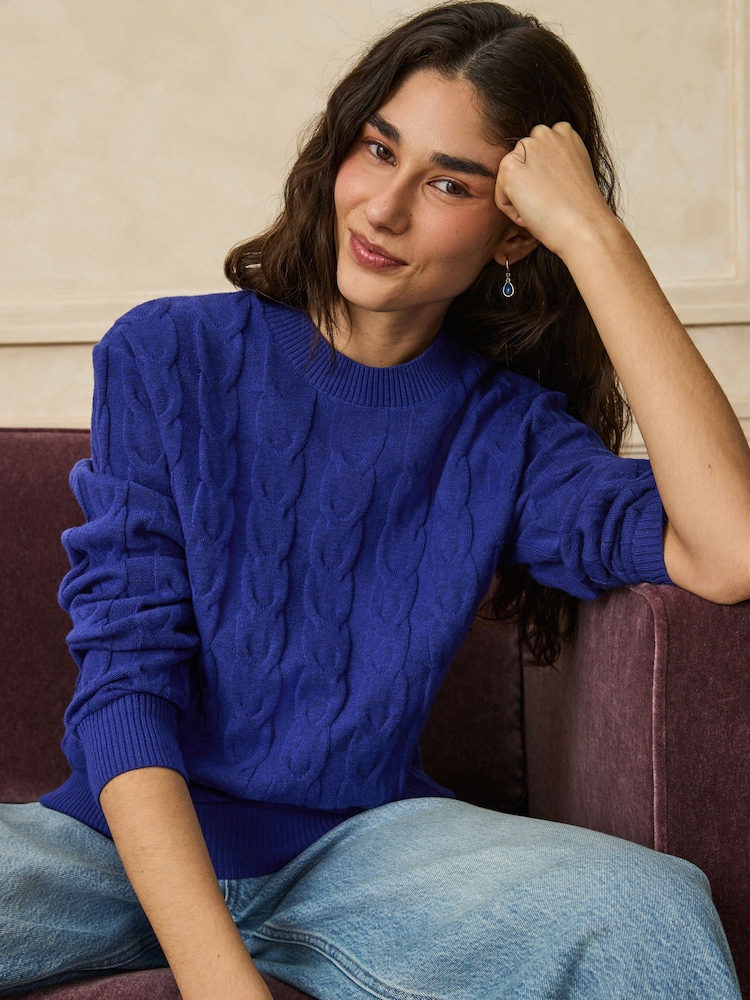Cobalt Blue Knit Look Cable Crew Neck Jumper - Image 1 of 8