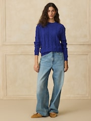 Cobalt Blue Knit Look Cable Crew Neck Jumper - Image 2 of 8