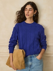Cobalt Blue Knit Look Cable Crew Neck Jumper - Image 3 of 8