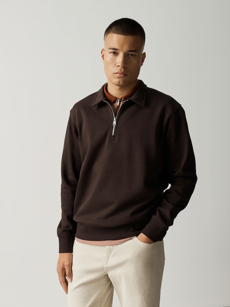 Chocolate Brown Regular Fit Zip Neck Polo Sweatshirt - Image 1 of 4
