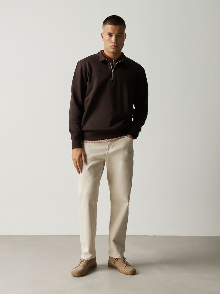 Chocolate Brown Regular Fit Zip Neck Polo Sweatshirt - Image 2 of 4