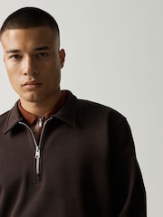 Chocolate Brown Regular Fit Zip Neck Polo Sweatshirt - Image 4 of 4