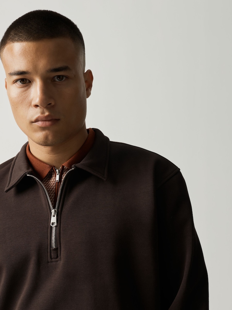 Chocolate Brown Regular Fit Zip Neck Polo Sweatshirt - Image 4 of 4
