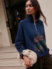 Bleu marine - Christmas Graphic Quarter Zip Sweatshirt - Image 1 de 5