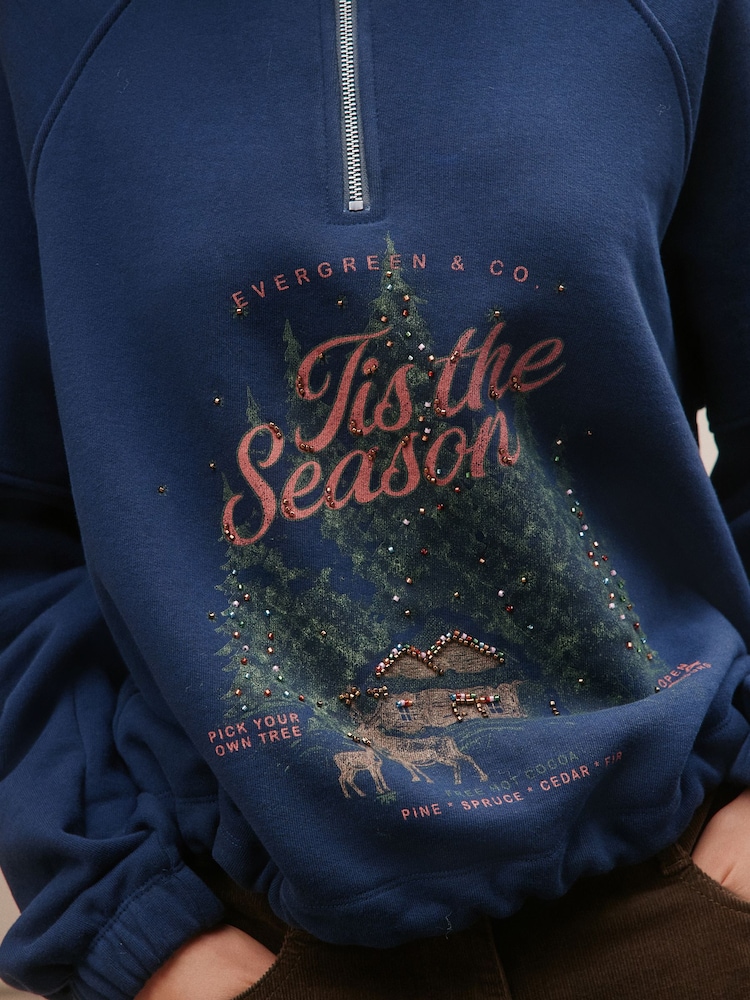 Bleu marine - Christmas Graphic Quarter Zip Sweatshirt - Image 5 de 5