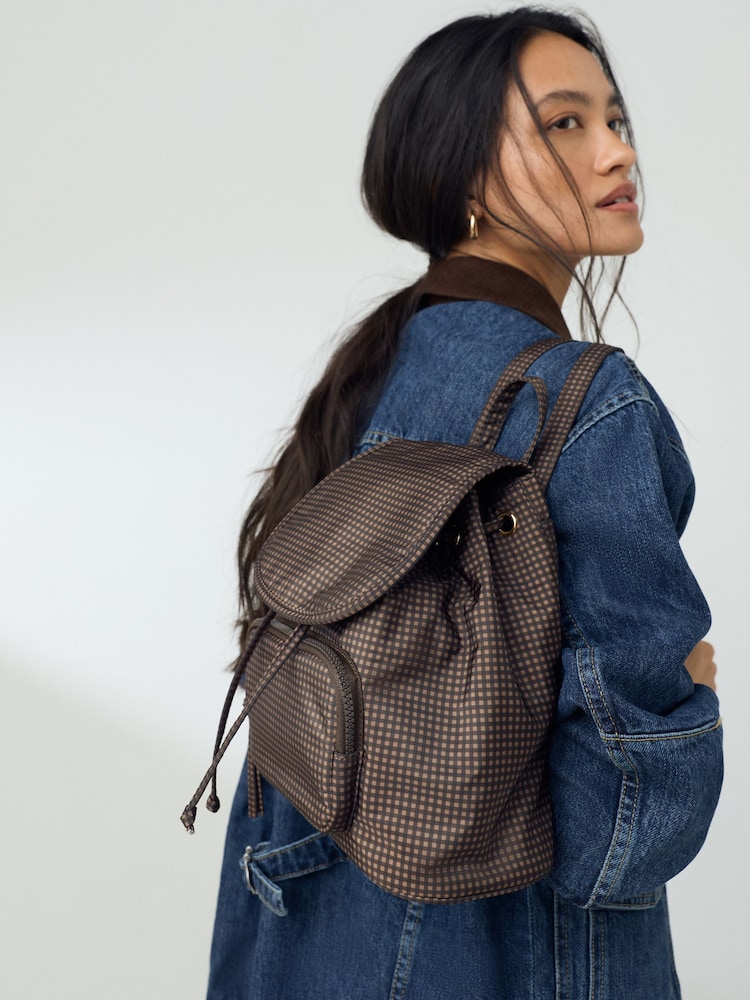 Chocolate Brown Check Nylon Mini Rucksack Bag - Image 1 of 4 Chocolate Brown Check Nylon Mini Rucksack Bag - Image 1 of 4