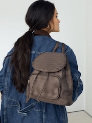 Chocolate Brown Check Nylon Mini Rucksack Bag - Image 2 of 4