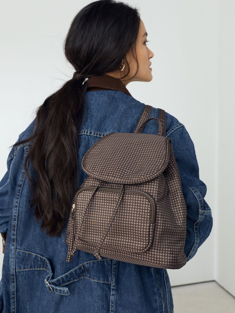 Chocolate Brown Check Nylon Mini Rucksack Bag - Image 2 of 4 Chocolate Brown Check Nylon Mini Rucksack Bag - Image 2 of 4