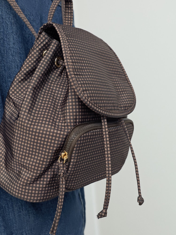 Chocolate Brown Check Nylon Mini Rucksack Bag - Image 4 of 4 Chocolate Brown Check Nylon Mini Rucksack Bag - Image 4 of 4