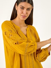 Roman Yellow Embroidered Cotton Sleeve Blouse - Image 1 of 5
