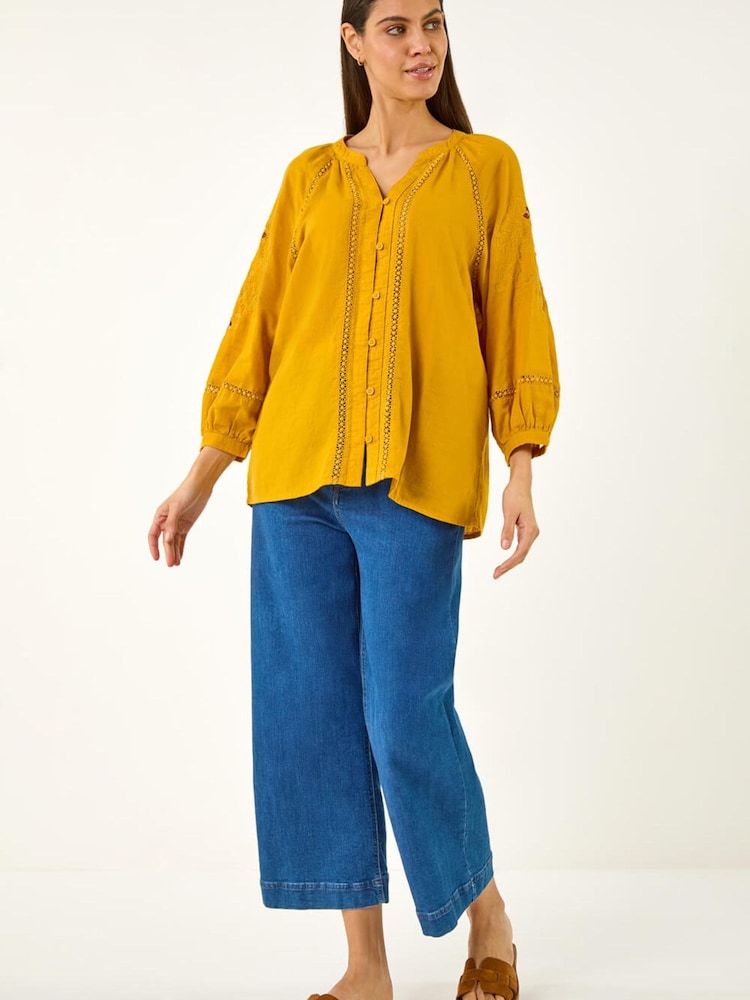 Roman Yellow Embroidered Cotton Sleeve Blouse - Image 2 of 5