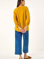 Roman Yellow Embroidered Cotton Sleeve Blouse - Image 3 of 5