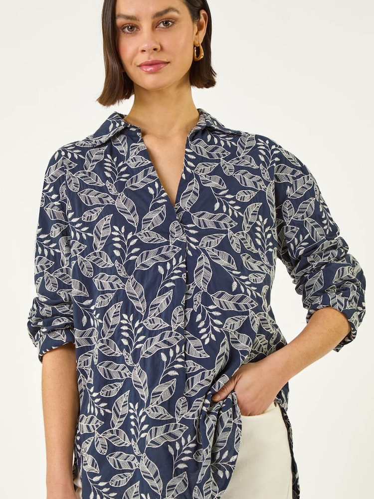 Roman Blue Leaf Embroidered Collared Top - Image 1 of 5 Roman Blue Leaf Embroidered Collared Top - Image 1 of 5