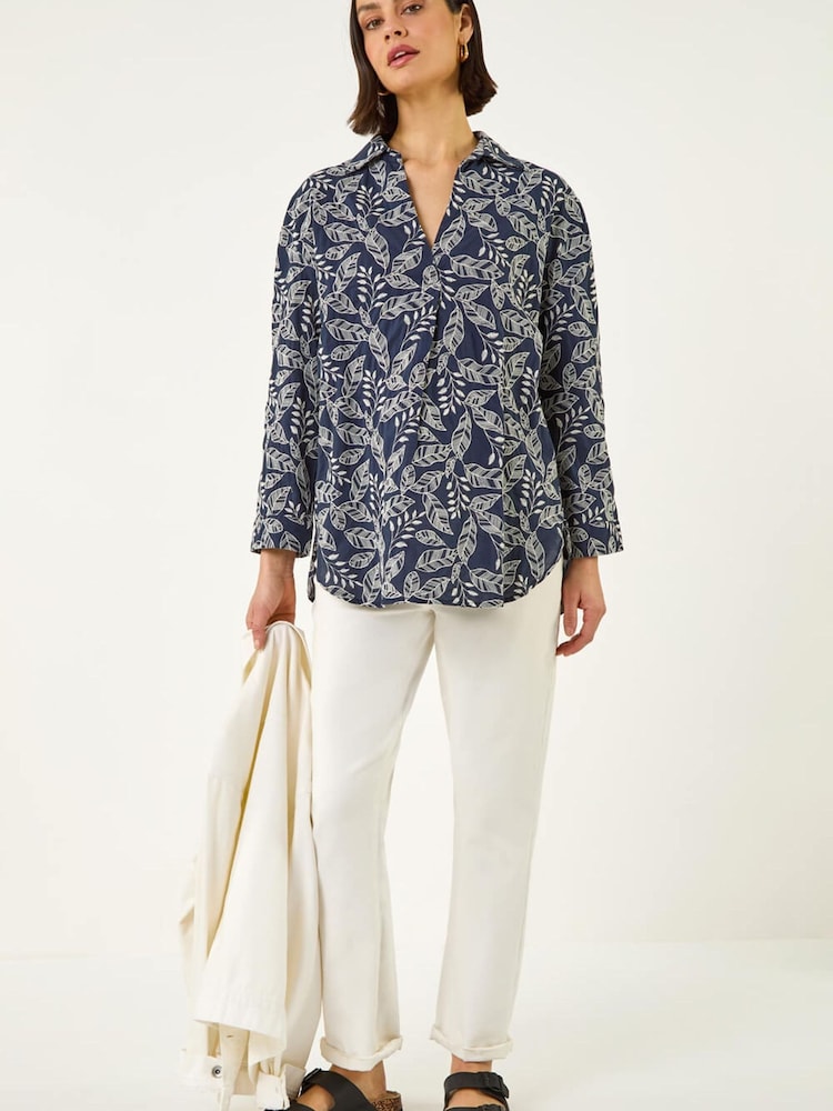 Roman Blue Leaf Embroidered Collared Top - Image 2 of 5 Roman Blue Leaf Embroidered Collared Top - Image 2 of 5